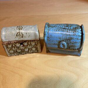 Pair of pottery trinket chest keep sake, signed by artist